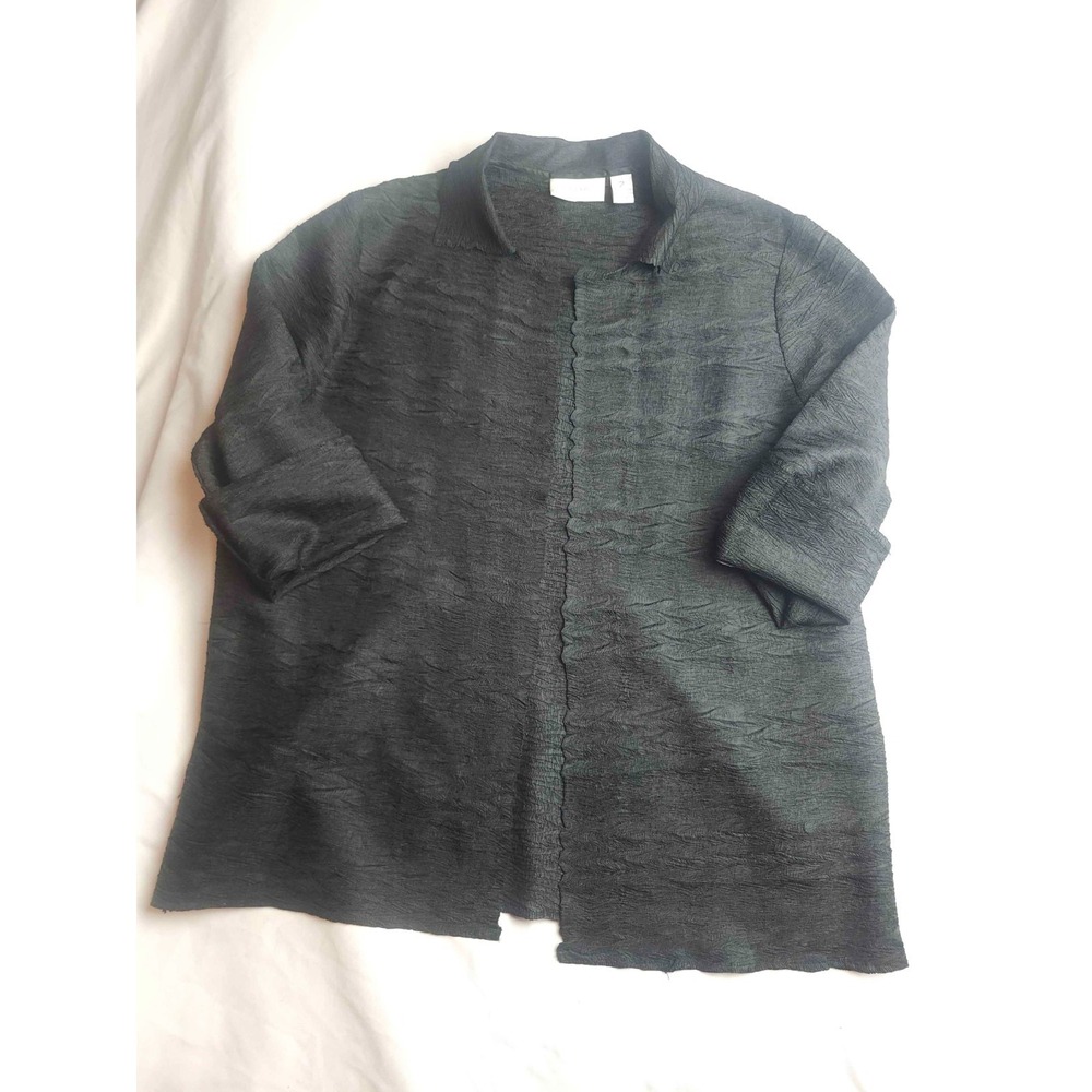 Chicos Jacket Womens Size 2 Black Crinkle Texture 3/4 Sleeve‎ Open Front Blazer